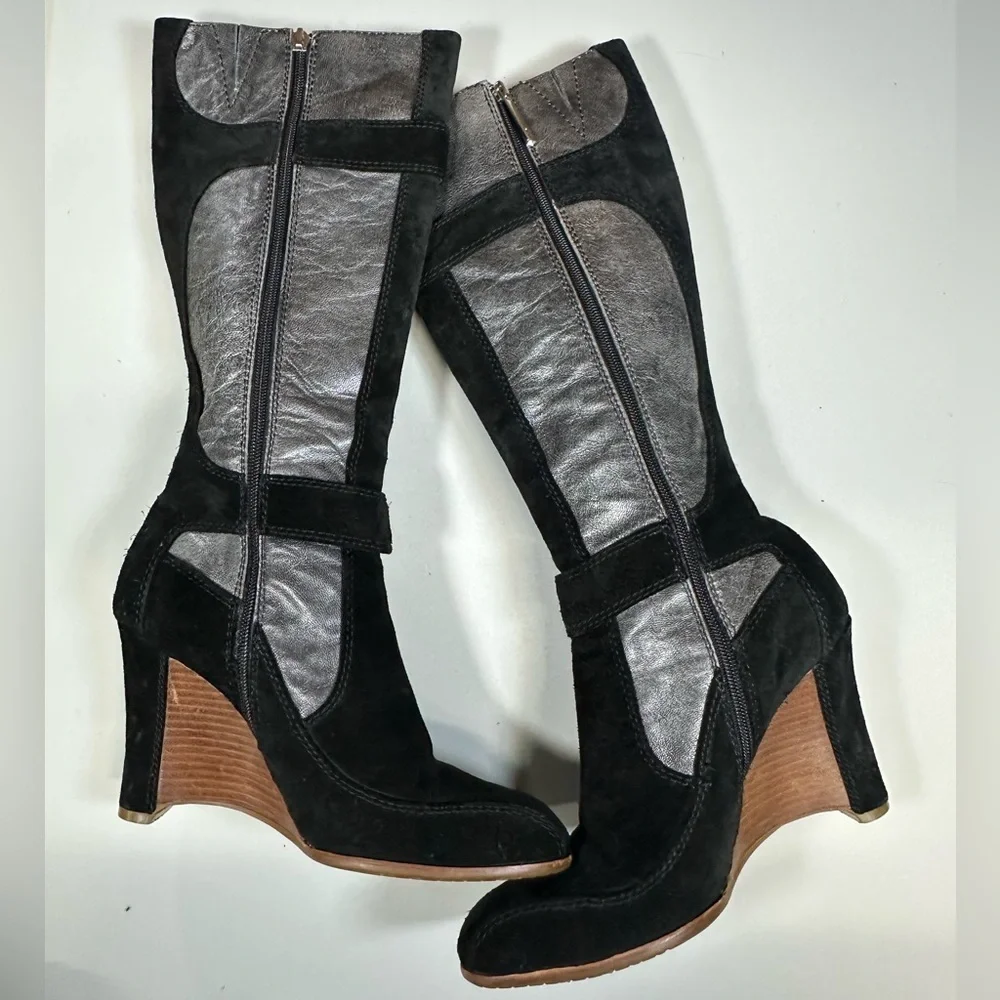 Donald J. Pliner Heidy Black Leather & Suede Wedge Boots Sz 8